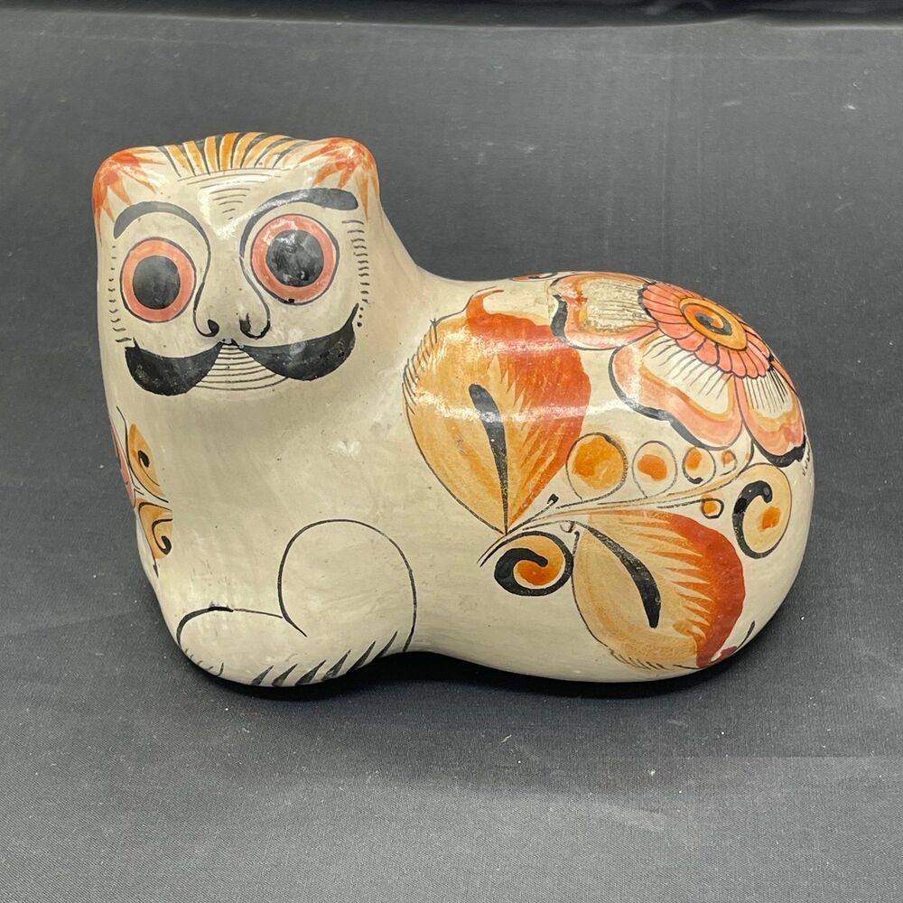 Vintage Signed G. Rivera Tonala Mexican Folk Art Pottery Cat Figurine Mustache